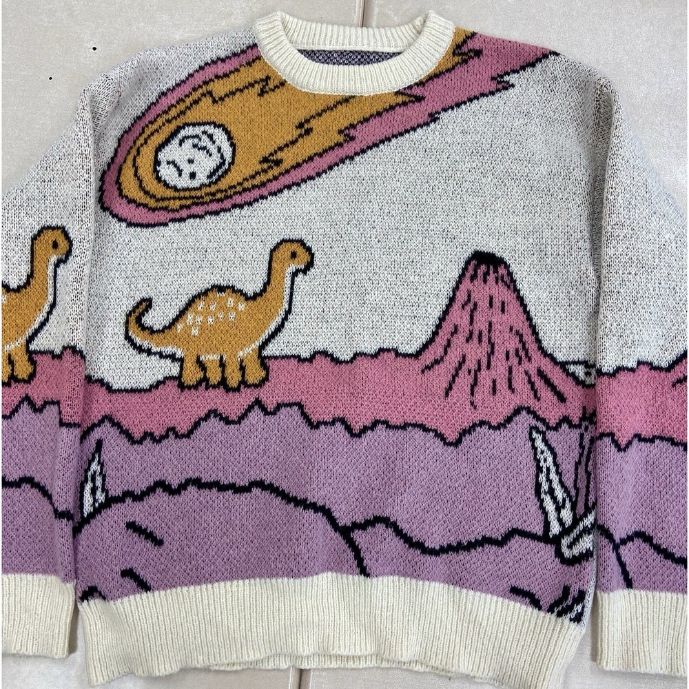 Dinosaur Meteor Extinction Men's Med Graphic Knit Sweater Retro Harajuku Style